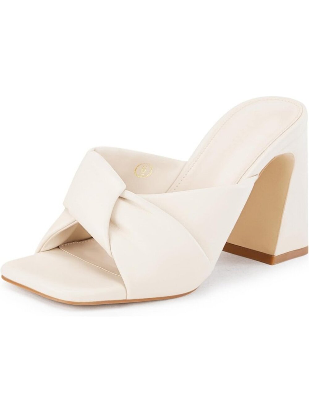 Women's White Faux Leather Summer Square Open Toe Slip On Chunky Heeled Shoes